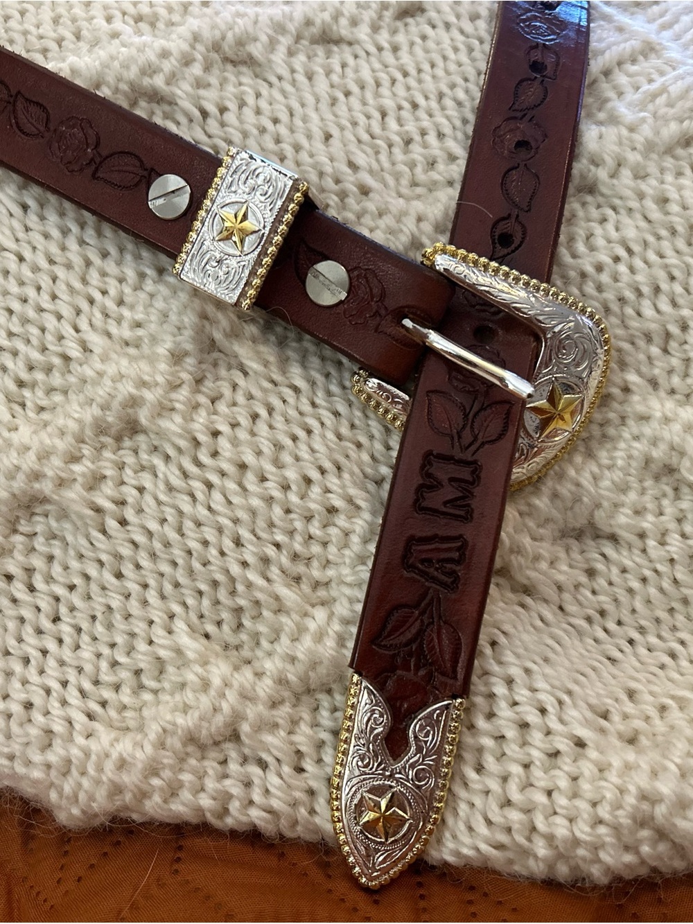 Tooled Brown Leather Western Belt with Star Conchos